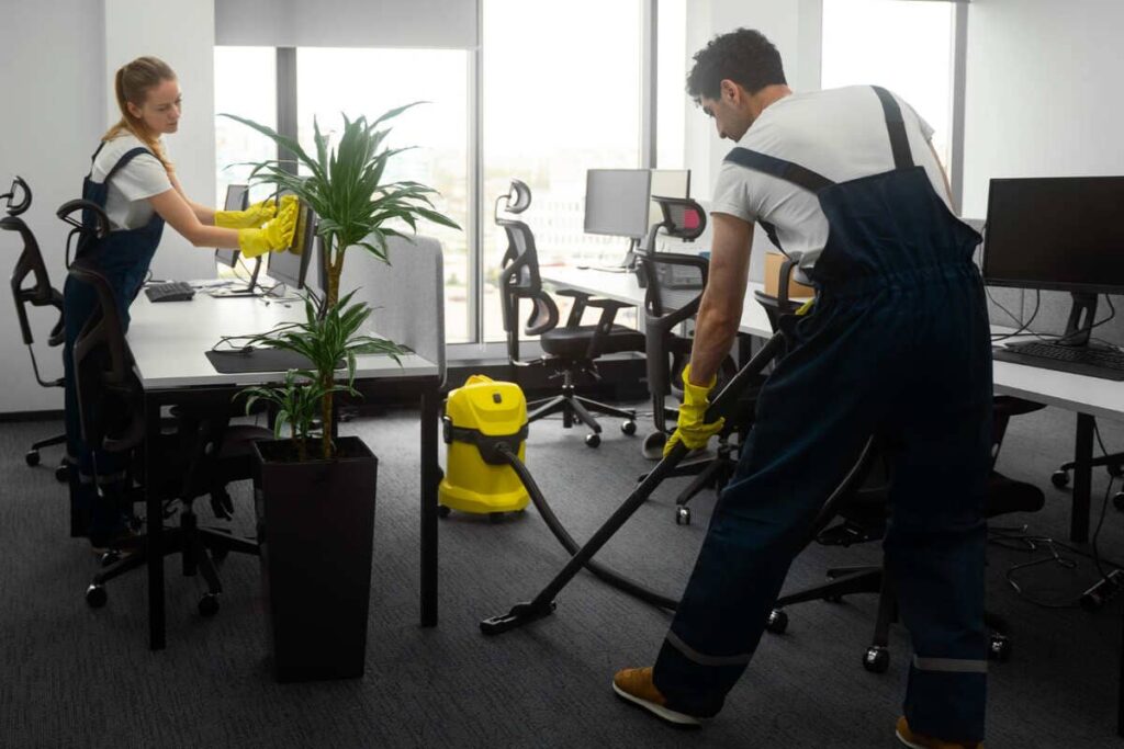 Reinigungsteam putzt ein modernes Büro mit neuem Equipment